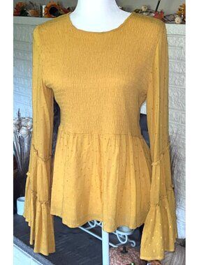 Altar'd State Top Ruffle Bell Sleeve Smocked Festival Hippie Boho Yellow Wom S